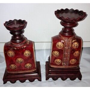 Accents & Occasions Pillar Candle Holders Set Asian Kimono Square Wooden VTG
